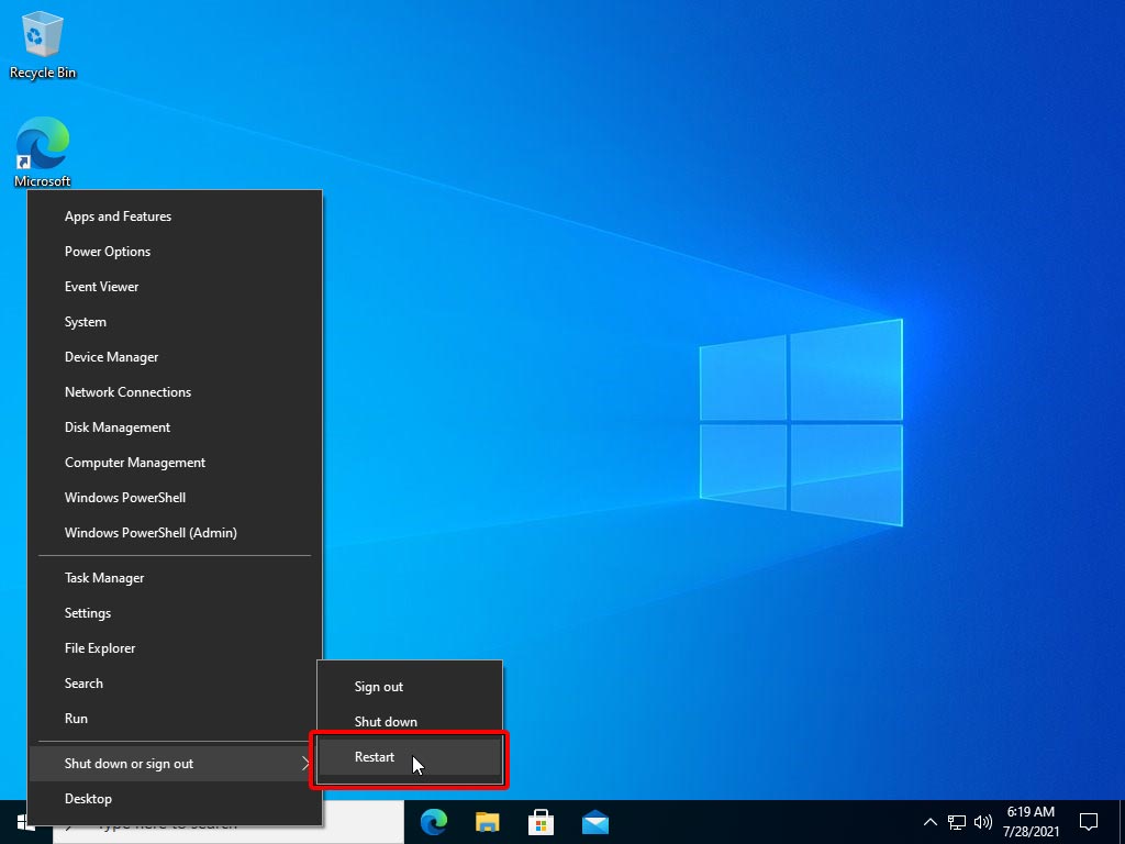 Restart the computer via the power user menu in Windows 10
